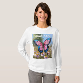 Camiseta Feminina Básica Mangas Longas Borboleta Tシャツ