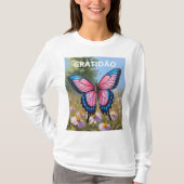 Camiseta Feminina Básica Mangas Longas Borboleta Tシャツ (正面)