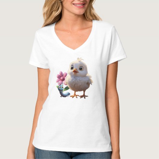 Camiseta Feminina Básica Pintinho Gola em V 3D Tシャツ (正面)