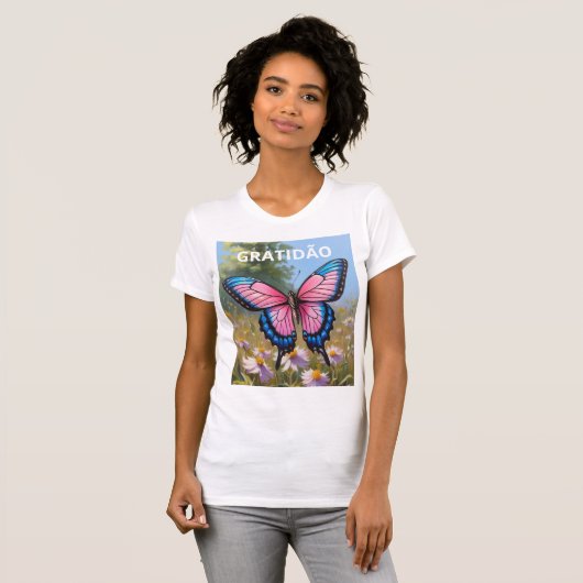 Camiseta feminina justa Bella+Canvas borboleta Tシャツ (正面フル)