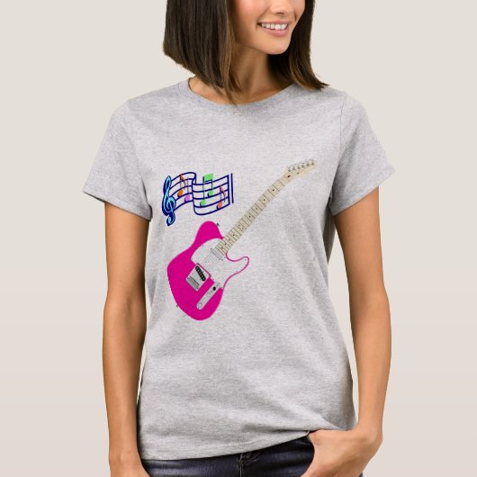 Camiseta Guitarra Rosada Con Notas Musicales Tシャツ (正面)