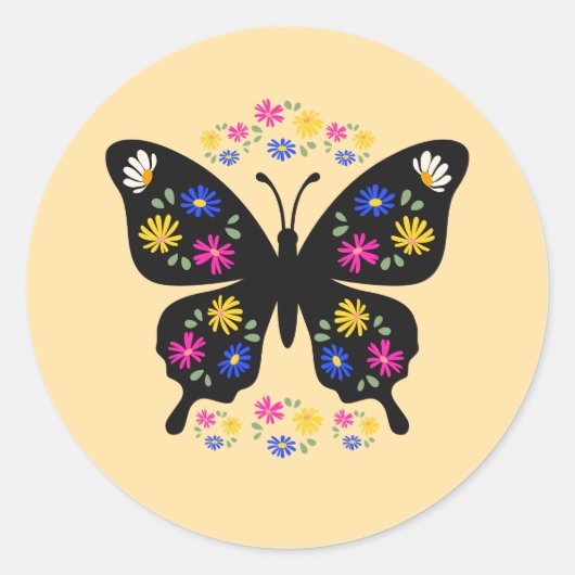 Camiseta mariposa con flores multicolor ラウンドシール (正面)
