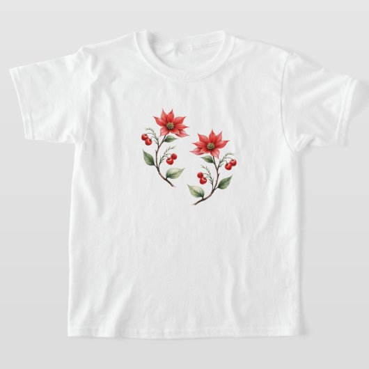 Camiseta meninas Natal verde e Flores Vermelhas Tシャツ (レイダウン)