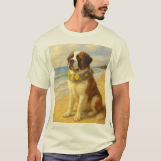 Camiseta perro San Bernardo en la playa a pintura Tシャツ