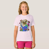 Camiseta Pug Fofo em Vaso de Flores Desenho Tシャツ (正面フル)