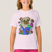 Camiseta Pug Fofo em Vaso de Flores Desenho Tシャツ (正面)