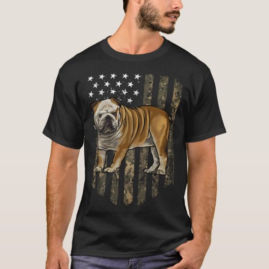 Camo American Flag Bulldog 4th Of July USA Tシャツ (正面)
