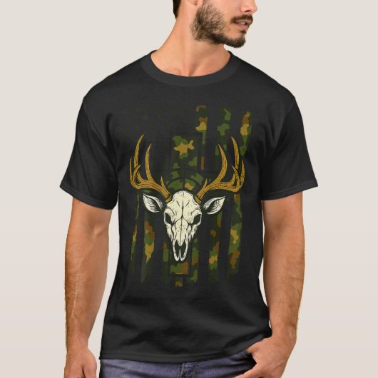 Camo American Flag Elk Skull Deer Hunting Youth Bo Tシャツ (正面)