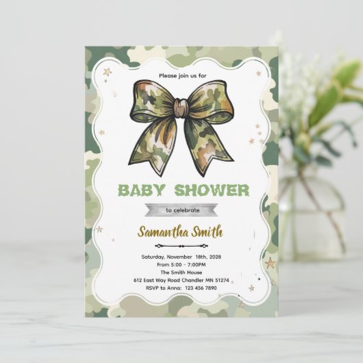 Camo Bow Baby Shower Invitation 招待状 (スタンド正面)