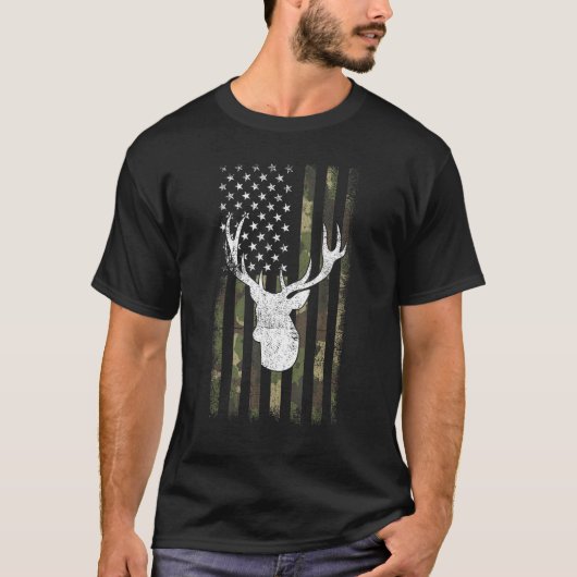 Camo Deer American Flag Graphic Hunting Gifts Men  Tシャツ (正面)