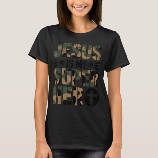 Camo Jesus Is My Superhero Toddler Boys Camouflage Tシャツ (正面)