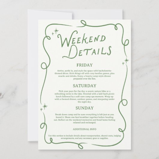 Camp Bachelorette Green Camping Itinerary 招待状 (裏面)