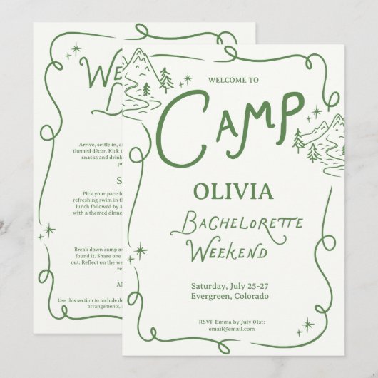 Camp Bachelorette Green Camping Itinerary 招待状 (正面/裏面)