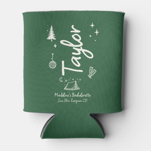 Camp Bachelorette Hand Drawn Written Green Custom 缶クーラー (正面)
