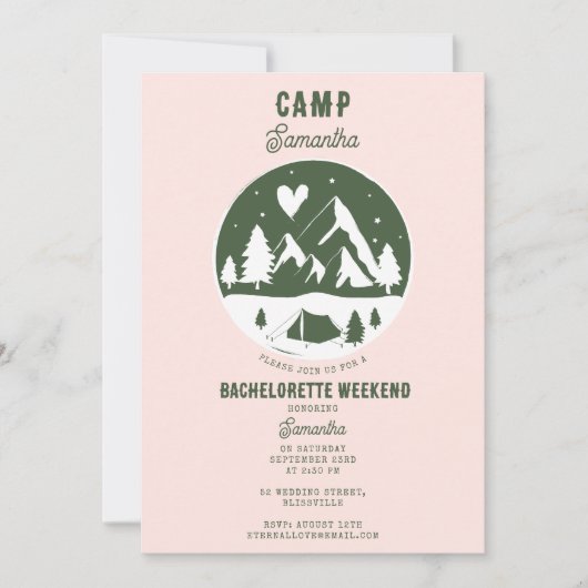 Camp Bachelorette Party Camping Bach Weekend Pink 招待状 (正面)