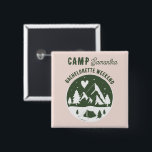 Camp Bachelorette Party Camping Bach Weekend Pink 缶バッジ<br><div class="desc">A cute hand drawn design featuring bachelorette camping theme illustrations. This green and pink camp bach weekend design is ideal for glamping camping bachelorette weekends,  camping girls trip bachelorette parties in mountain,  forest or lake destinations.</div>