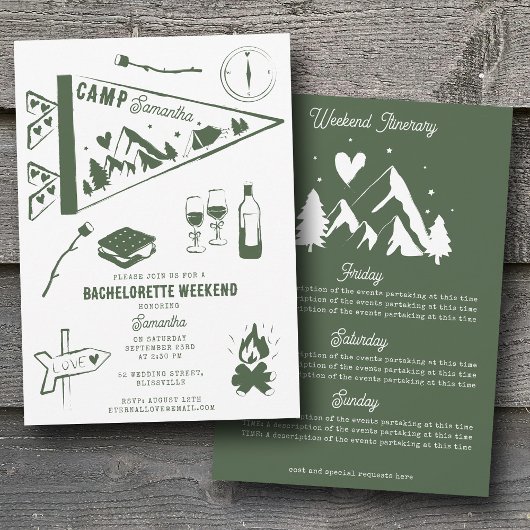 Camp Bachelorette Party Camping Weekend Itinerary  招待状