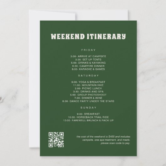 Camp Bachelorette Party Itinerary QR Code 招待状 (裏面)