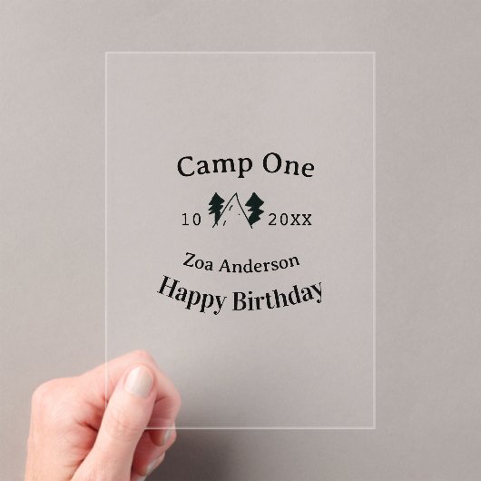 Camp one happy birthday name date campingadventure アクリル招待状 (インサイチュ (ポータブル))
