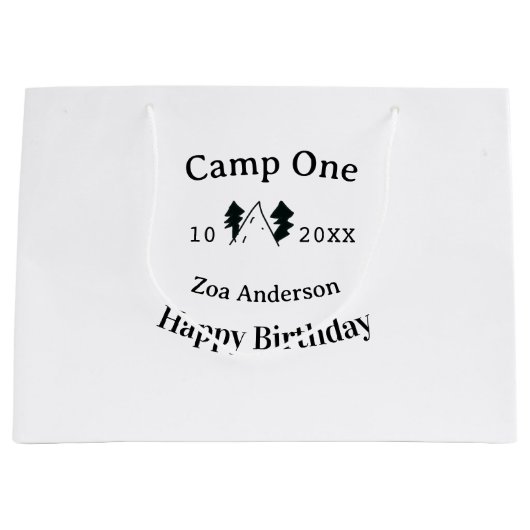 Camp one happy birthday name date campingadventure ラージペーパーバッグ (正面)