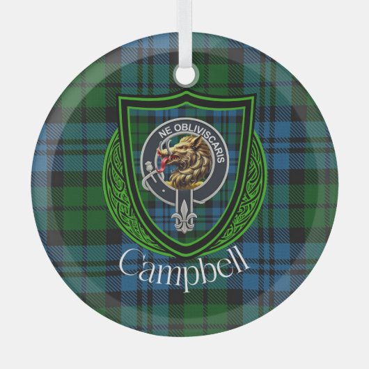 Campbell Scottish Clan Tartan & Crest ガラスオーナメント (正面)