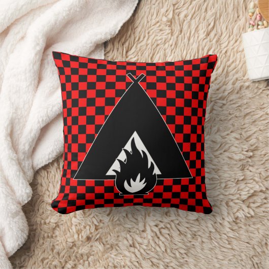 Campfire and Tent on Red and Black Checkerboard クッション (ブランケット)