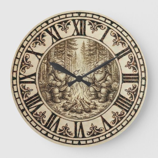 Campfire Gnomes Wooden Wall Clock  ラージ壁時計 (正面)