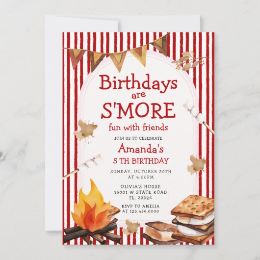Campfire Red Stripes Birthday are S'mores Fun 招待状 (正面)