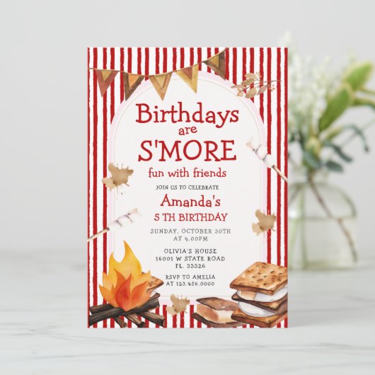 Campfire Red Stripes Birthday are S'mores Fun 招待状 (スタンド正面)