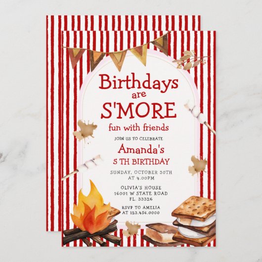 Campfire Red Stripes Birthday are S'mores Fun 招待状 (正面/裏面)