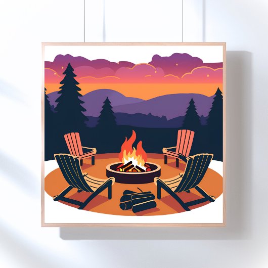 Campfire Sunset | Nature Camping Painting ポスター