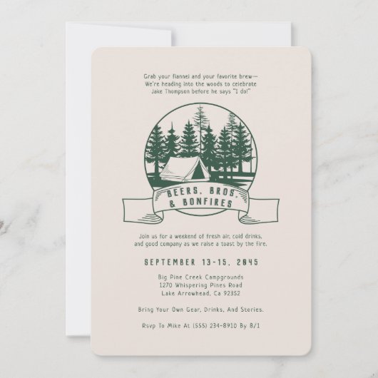 Camping Bachelor Party Rustic Woods for Groom 招待状 (正面)
