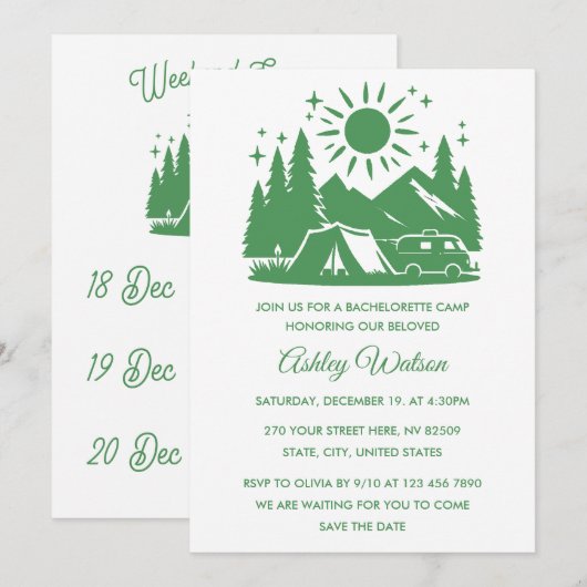 Camping Bachelorette Weekend Itinerary 招待状 (正面/裏面)