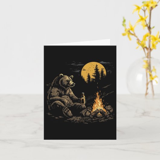 Camping Bear Drinking Beer Hiking Nature Funny Gri カード (黄色い花)