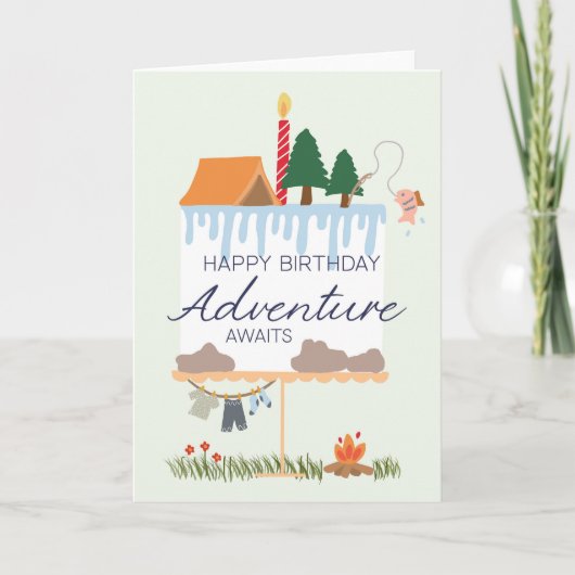 Camping Birthday Card: Adventure Awaits, Outdoorsy カード (正面)