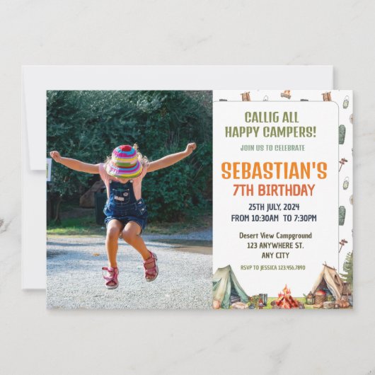 Camping Birthday Party modern kids  Invitation 招待状 (正面)