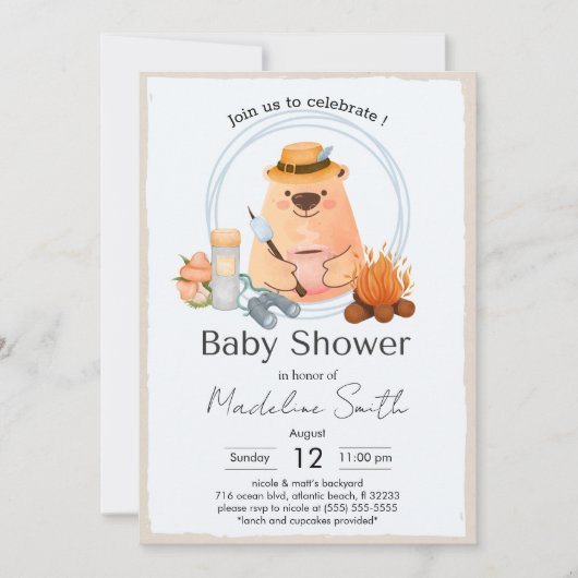 Camping Bonfire Bear Baby Shower Invitation 招待状 (正面)