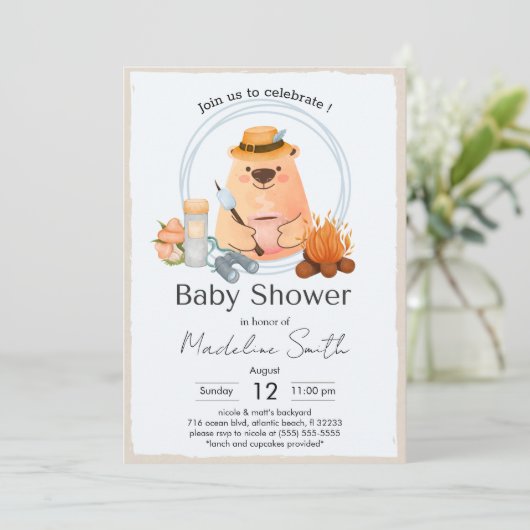 Camping Bonfire Bear Baby Shower Invitation 招待状 (スタンド正面)