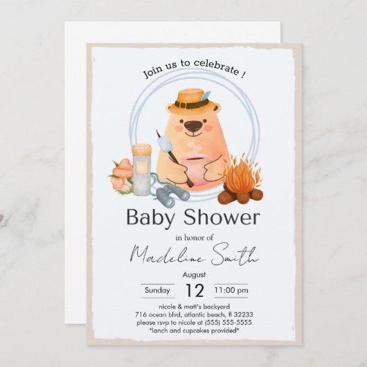 Camping Bonfire Bear Baby Shower Invitation 招待状 (正面/裏面)