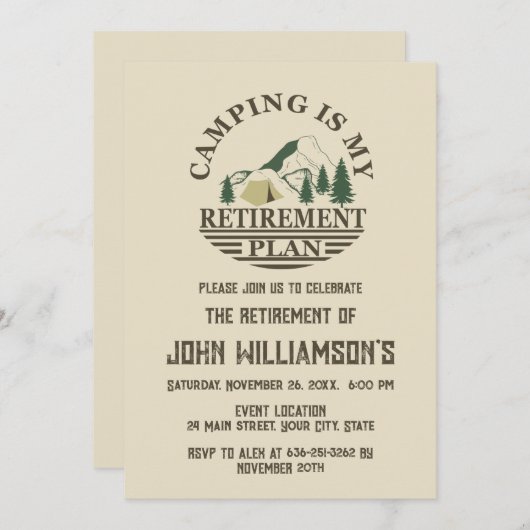 Camping is my retirement plan retired party 招待状 (正面/裏面)