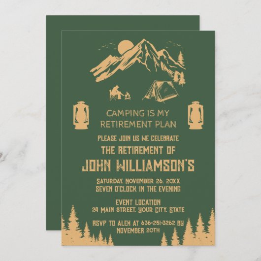 Camping is my retirement plan retired party 招待状 (正面/裏面)