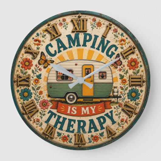 Camping Is My Therapy Floral Camping Gift ラージ壁時計 (正面)