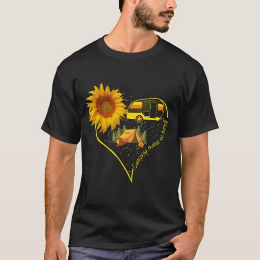 Camping Makes Me Happy Heart Sunflower friends Tシャツ (正面)