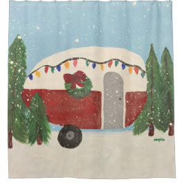 Camping Trailer at Christmas シャワーカーテン
