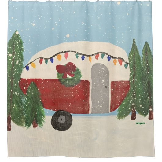 Camping Trailer at Christmas シャワーカーテン (正面)