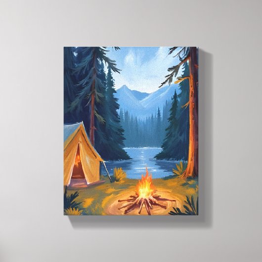 Camping Trip Forest Campfire Tent Watercolor キャンバスプリント (正面)