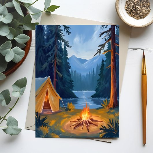 Camping Trip Forest Campfire Tent Watercolor ポストカード