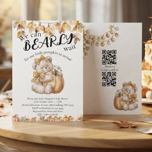 Can Bearly Wait 性別不明QRコード ベビーシャワー 招待状