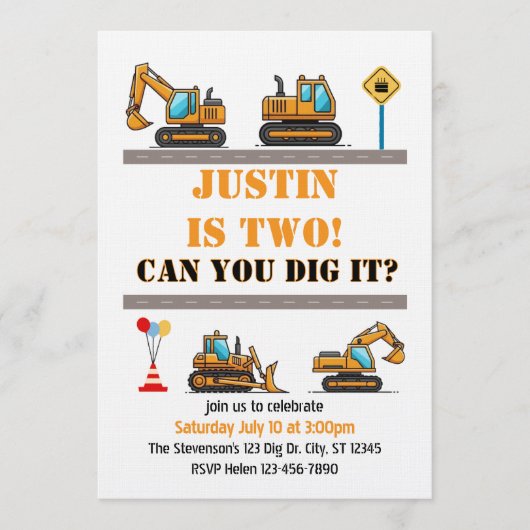 Can You Dig It, Construction 2nd Birthday 招待状 (正面)