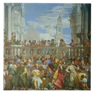 Cana、c.1562 (キャンバスの油)の結婚の饗宴 タイル